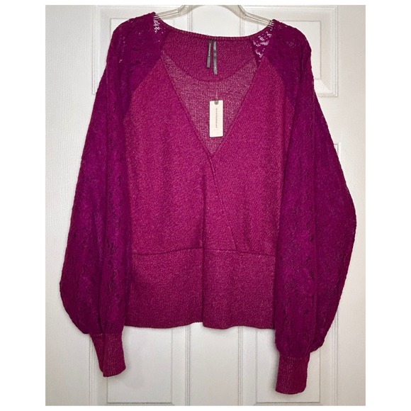 Anthropologie Sweaters - Anthropologie Plum Prune Lace Balloon Sleeve V Neck Women's Sweater XL NWT